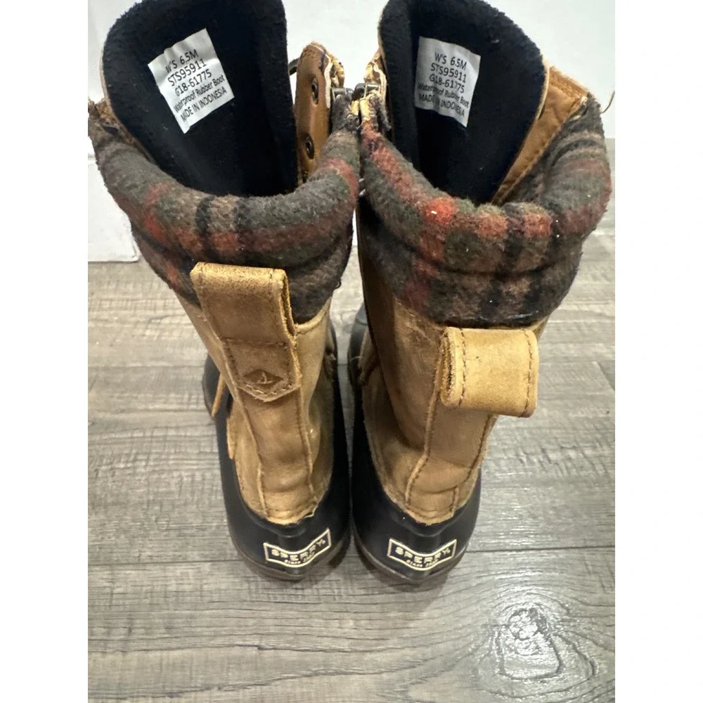 Sperry Saltwater Waterproof Duck Boots Brown Black Plaid STS95911 Womens 6.5M